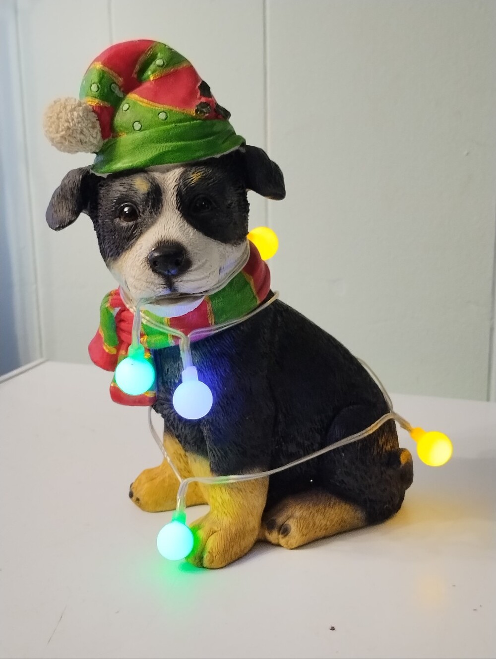 10" Tall Festive Tesin Black and Tan Dog Figurine with Colorful LED Lights